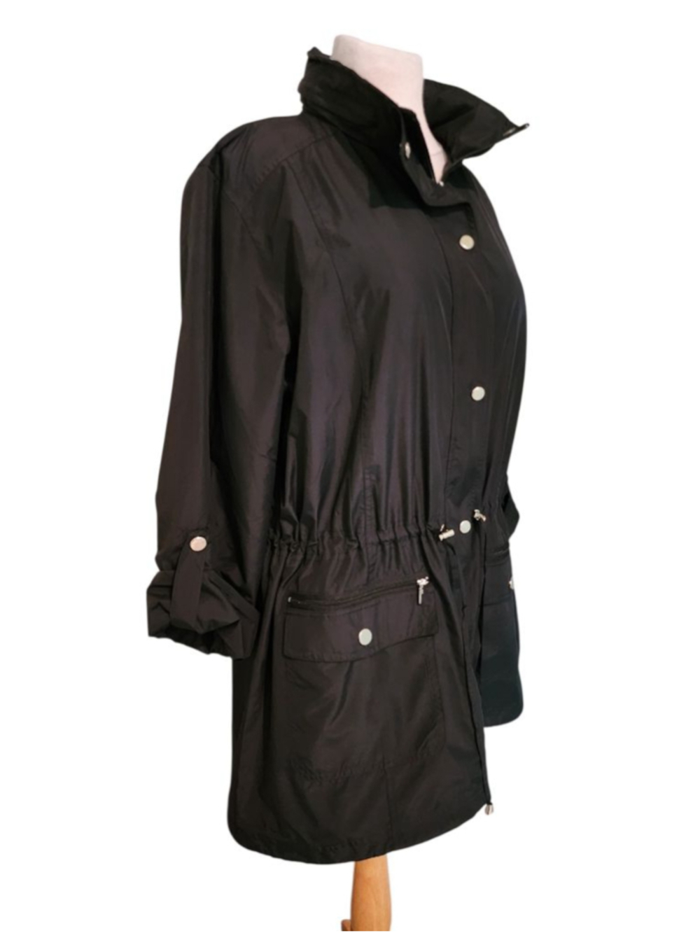 Style & Co Sport Black Hooded Rain Jacket Windbreaker Women's XL Snap Utility - Picture 3 of 10